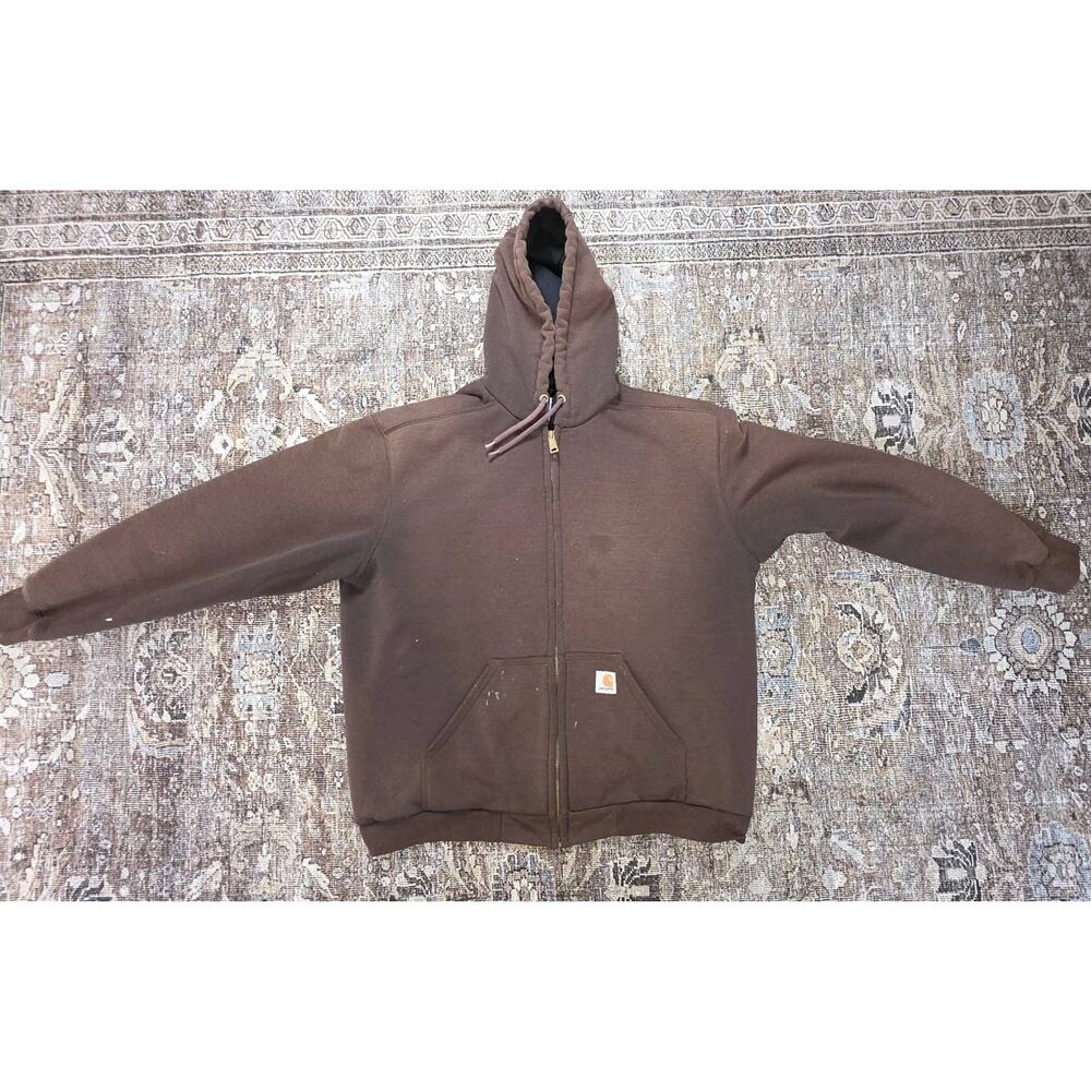 Carhartt Rutland Hooded Zip Sweatshirt Thermal Lined Brown Distressed L 100632